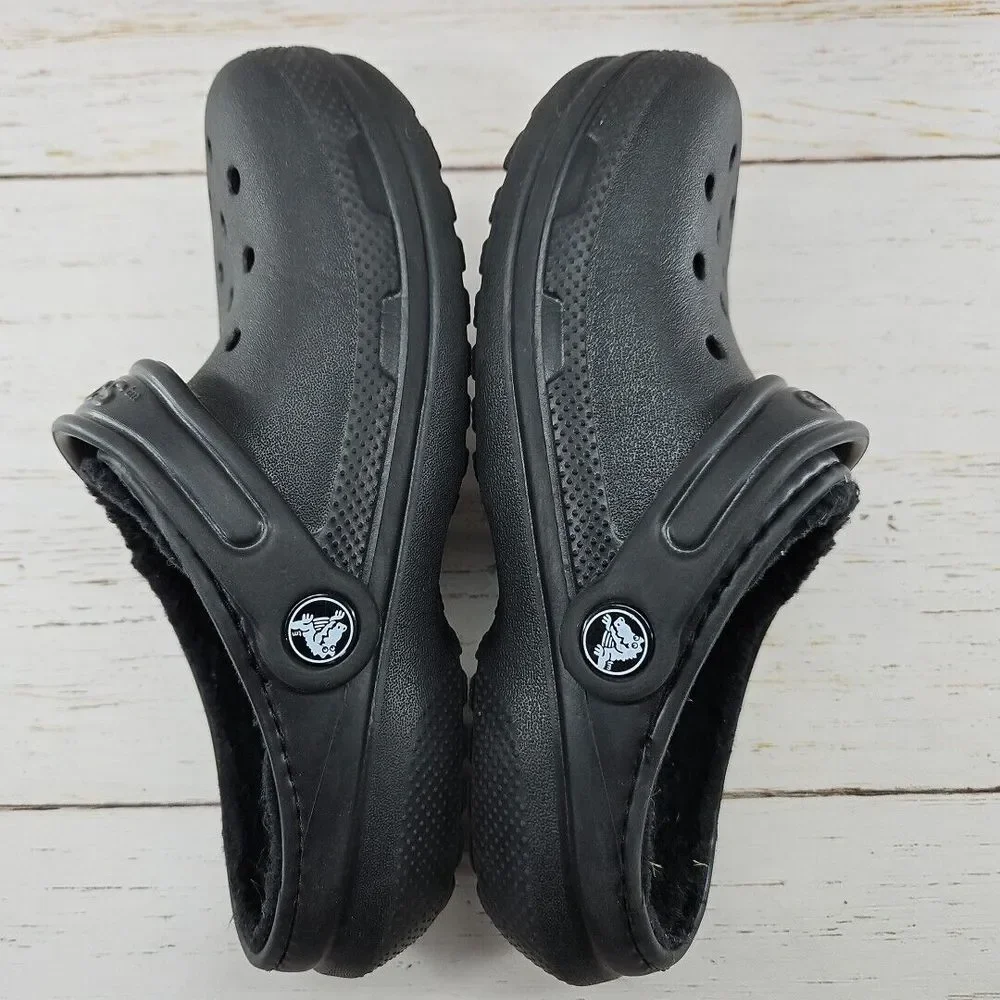 Crocs Youth Size J1 Black‎ Faux Fur Lined Clogs Slip On Shoes Slingback 203506